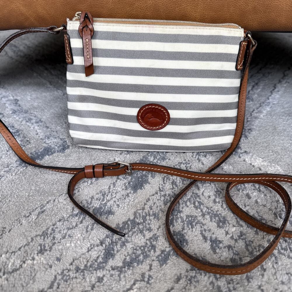 Dooney & Bourke Gray White Stripe Nylon Crossbody Bag Leather Trim Small Purse